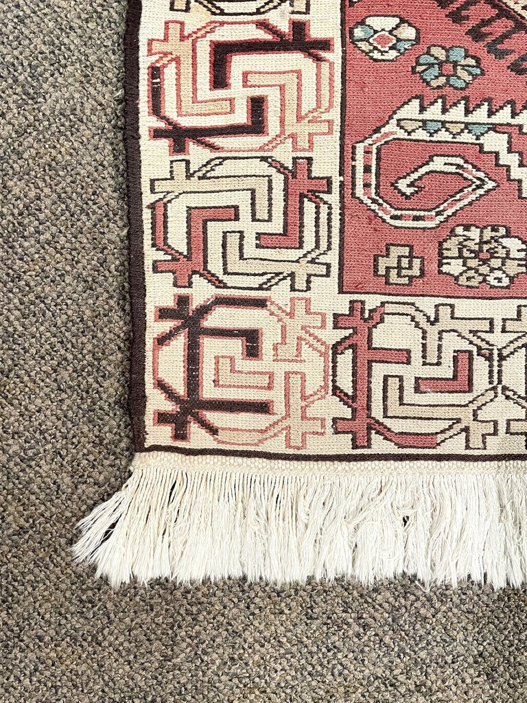 Azerbaijani Rustic Red and Cream Soumac Runner Rug with Black and Light Blue Accents- Wool on Wool Foundation