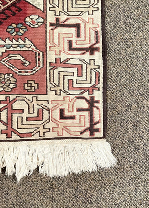 Azerbaijani Rustic Red and Cream Soumac Runner Rug with Black and Light Blue Accents- Wool on Wool Foundation