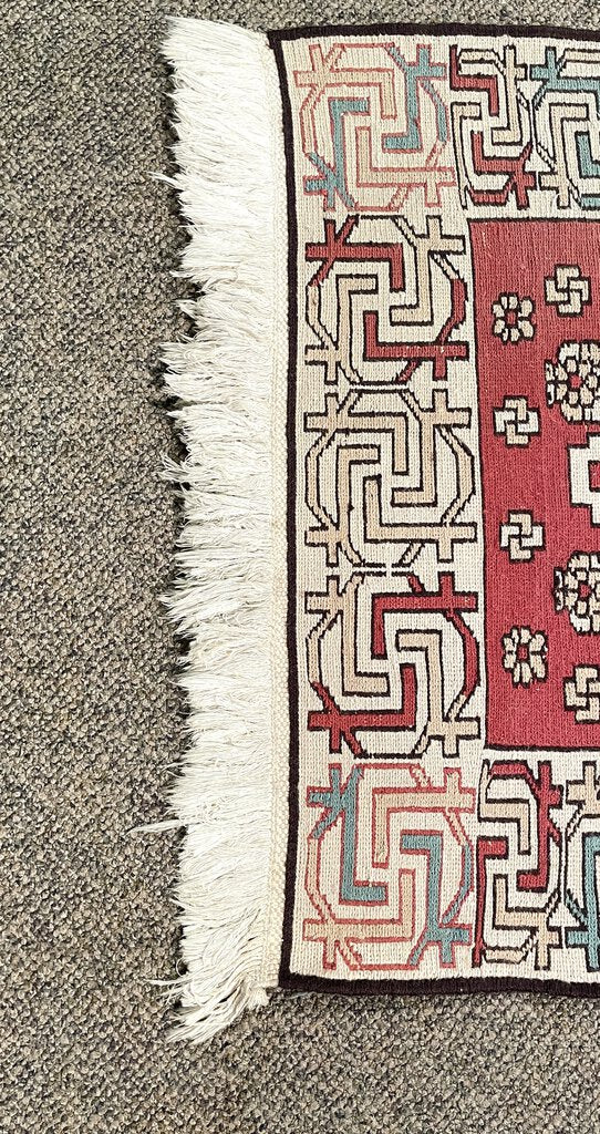 Azerbaijani Rustic Red and Cream Soumac Runner Rug with Black and Light Blue Accents- Wool on Wool Foundation