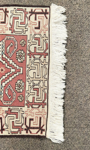 Azerbaijani Rustic Red and Cream Soumac Runner Rug with Black and Light Blue Accents- Wool on Wool Foundation