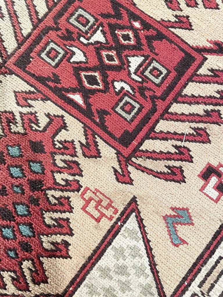 Azerbaijani Rustic Red and Cream Soumac Runner Rug with Black and Light Blue Accents- Wool on Wool Foundation