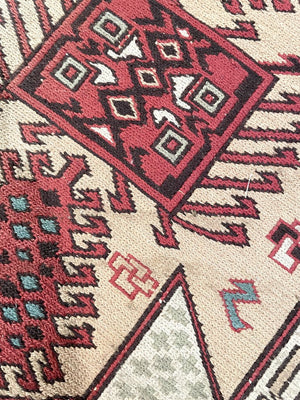 Azerbaijani Rustic Red and Cream Soumac Runner Rug with Black and Light Blue Accents- Wool on Wool Foundation