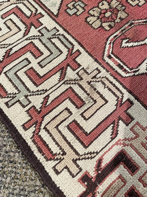 Azerbaijani Rustic Red and Cream Soumac Runner Rug with Black and Light Blue Accents- Wool on Wool Foundation