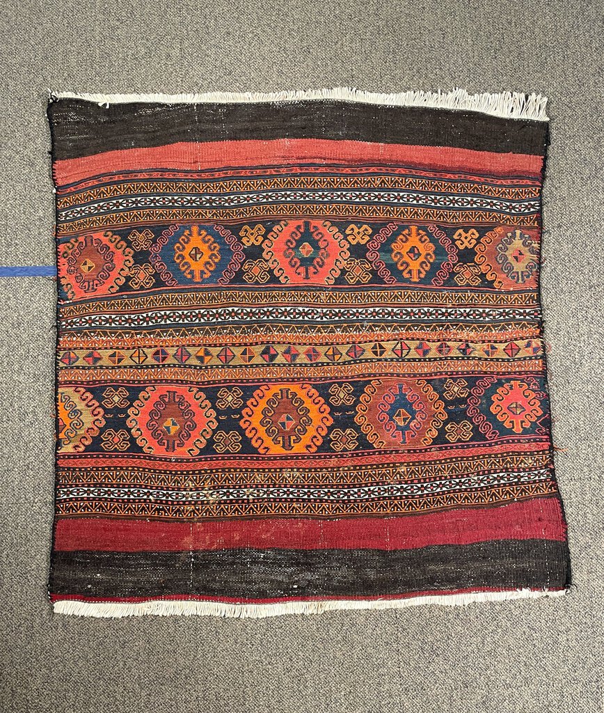 Afghani Red, Black and Orange Shahsavan Soumac Rug with Blue and Tan Accents - Wool on Wool Foundation