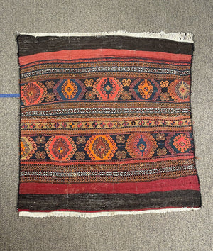 Afghani Red, Black and Orange Shahsavan Soumac Rug with Blue and Tan Accents - Wool on Wool Foundation