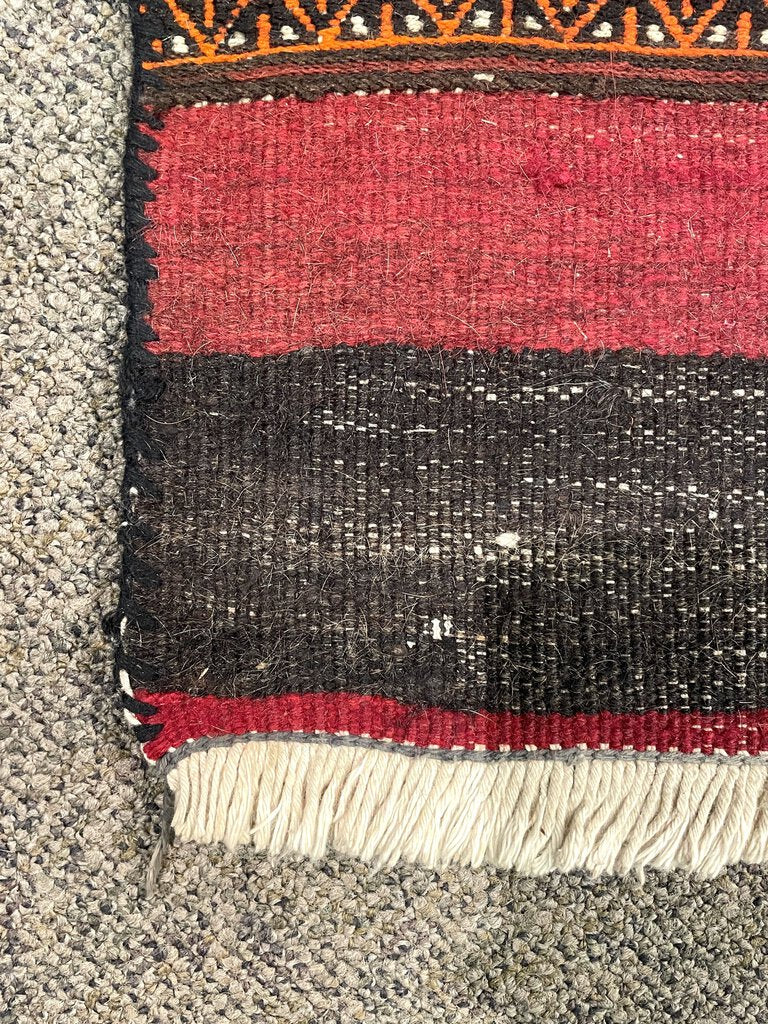 Afghani Red, Black and Orange Shahsavan Soumac Rug with Blue and Tan Accents - Wool on Wool Foundation