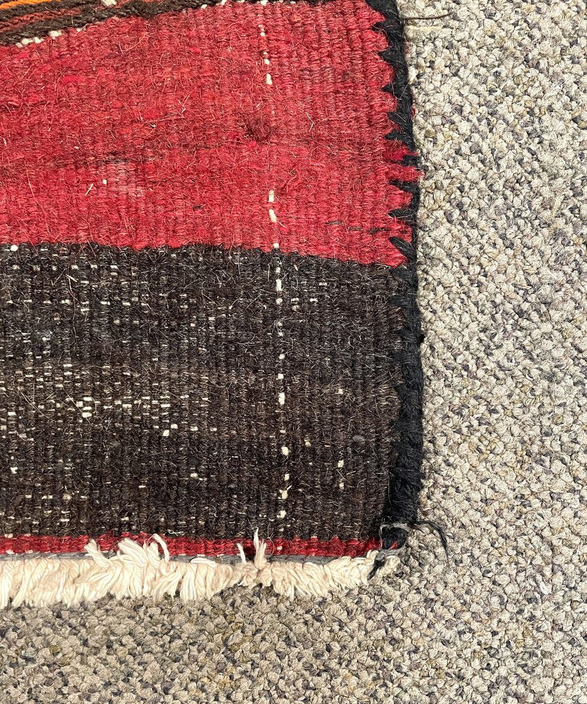 Afghani Red, Black and Orange Shahsavan Soumac Rug with Blue and Tan Accents - Wool on Wool Foundation