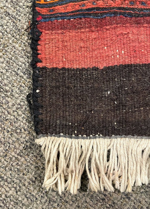 Afghani Red, Black and Orange Shahsavan Soumac Rug with Blue and Tan Accents - Wool on Wool Foundation