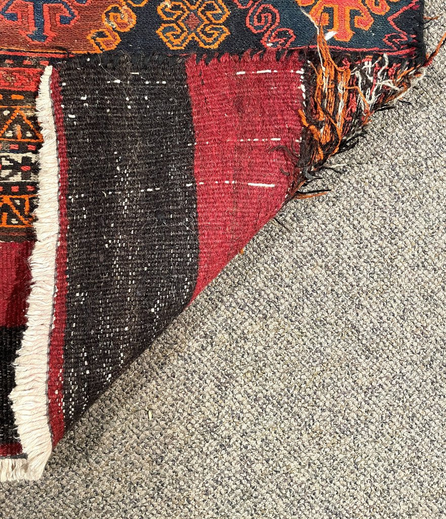 Afghani Red, Black and Orange Shahsavan Soumac Rug with Blue and Tan Accents - Wool on Wool Foundation