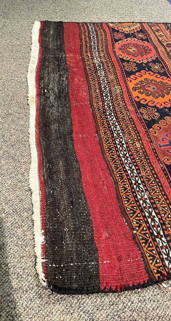 Afghani Red, Black and Orange Shahsavan Soumac Rug with Blue and Tan Accents - Wool on Wool Foundation