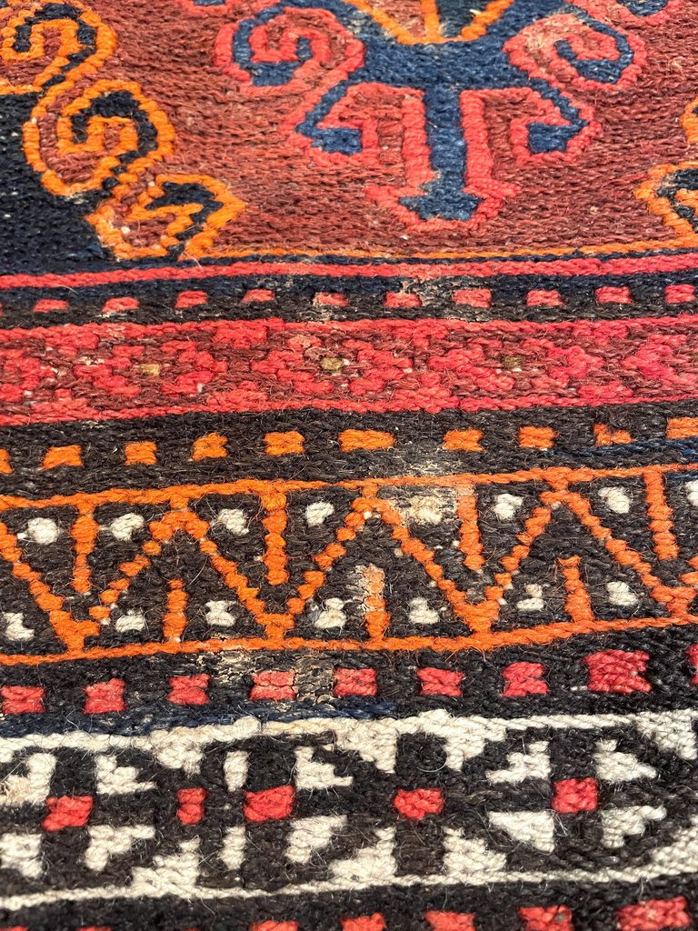 Afghani Red, Black and Orange Shahsavan Soumac Rug with Blue and Tan Accents - Wool on Wool Foundation