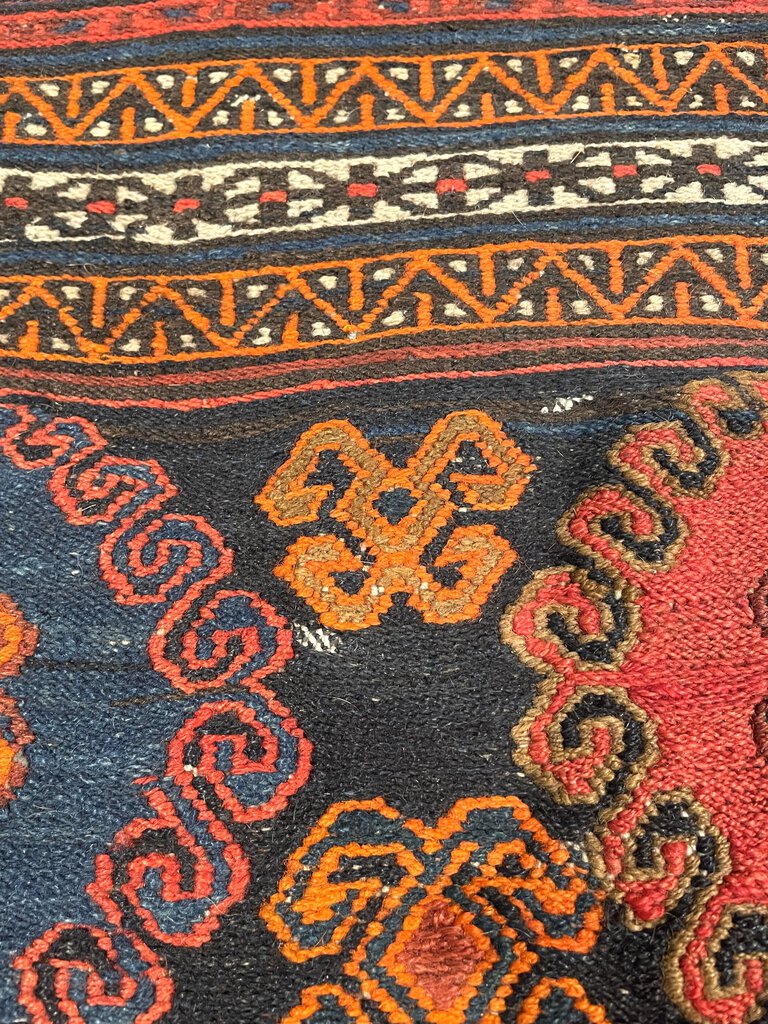 Afghani Red, Black and Orange Shahsavan Soumac Rug with Blue and Tan Accents - Wool on Wool Foundation