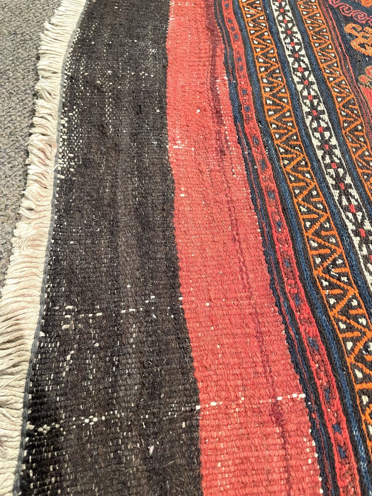 Afghani Red, Black and Orange Shahsavan Soumac Rug with Blue and Tan Accents - Wool on Wool Foundation