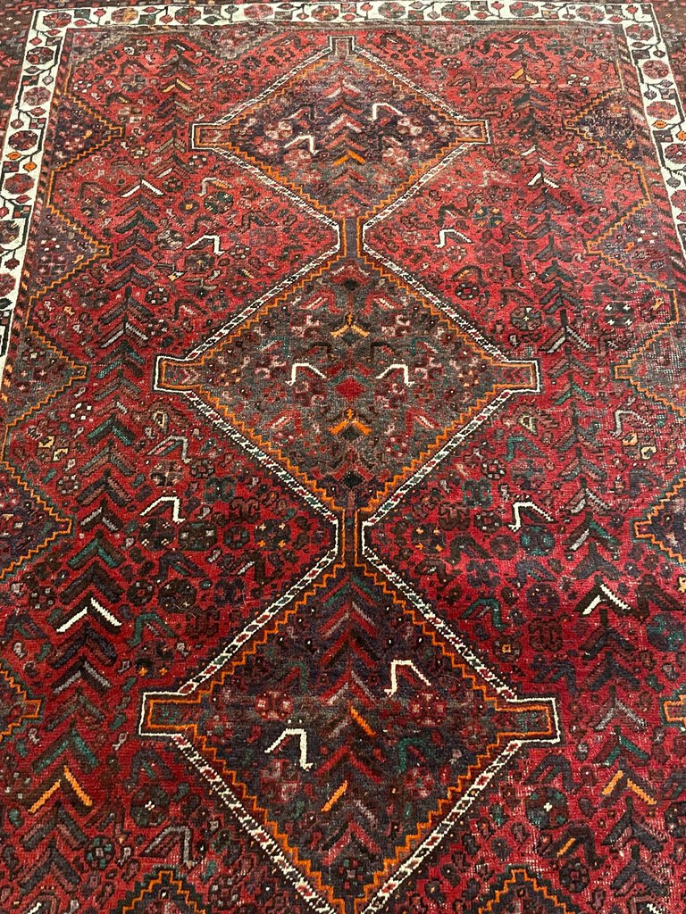 Persian Red Shiraz Rug with Orange and White Accents - Wool on Wool & Cotton Foundation