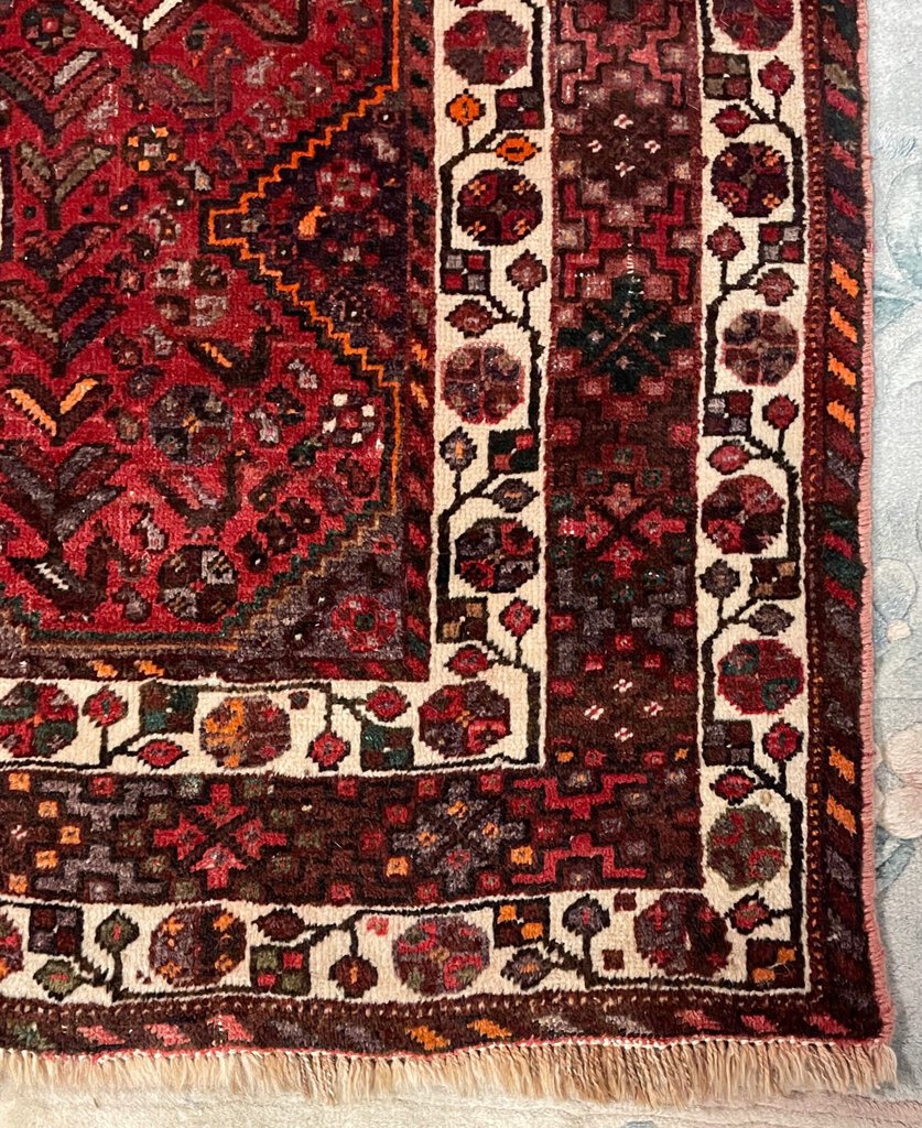 Persian Red Shiraz Rug with Orange and White Accents - Wool on Wool & Cotton Foundation