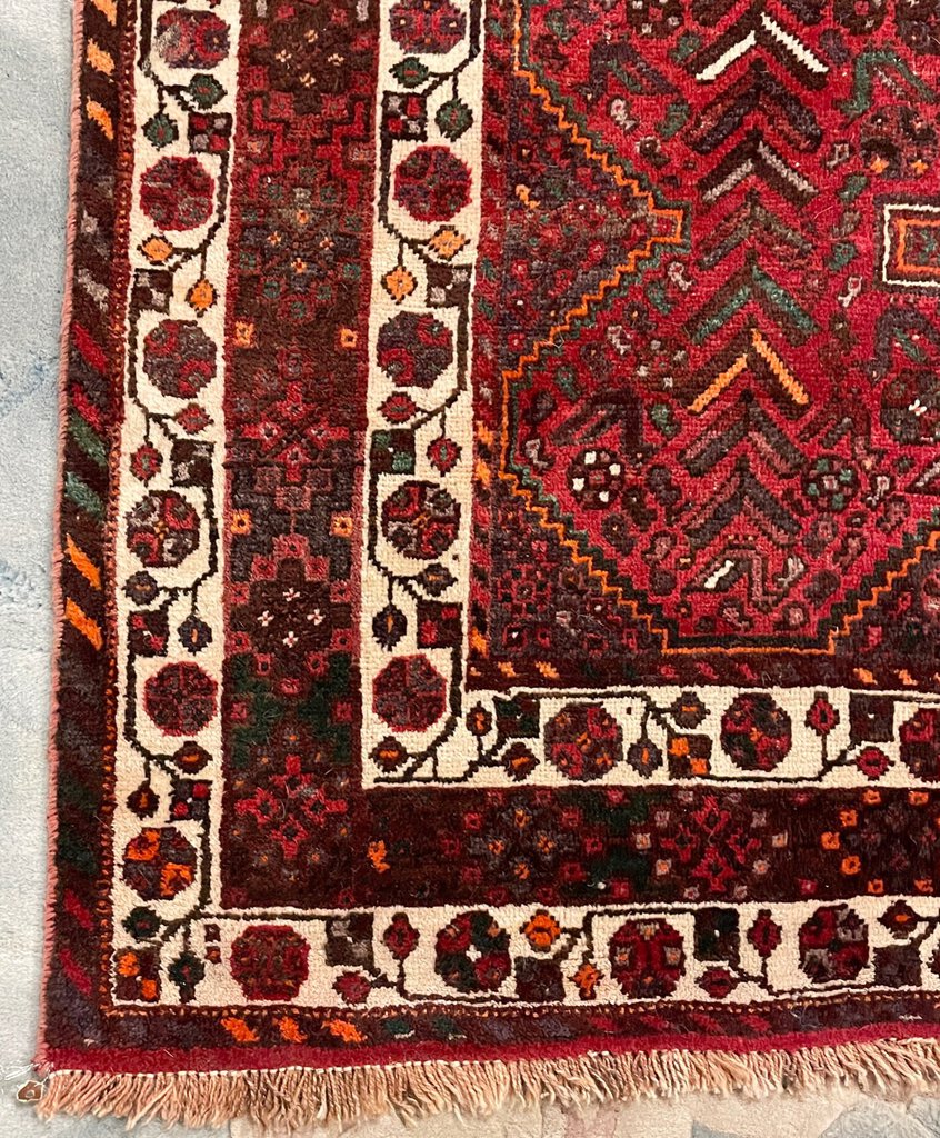 Persian Red Shiraz Rug with Orange and White Accents - Wool on Wool & Cotton Foundation