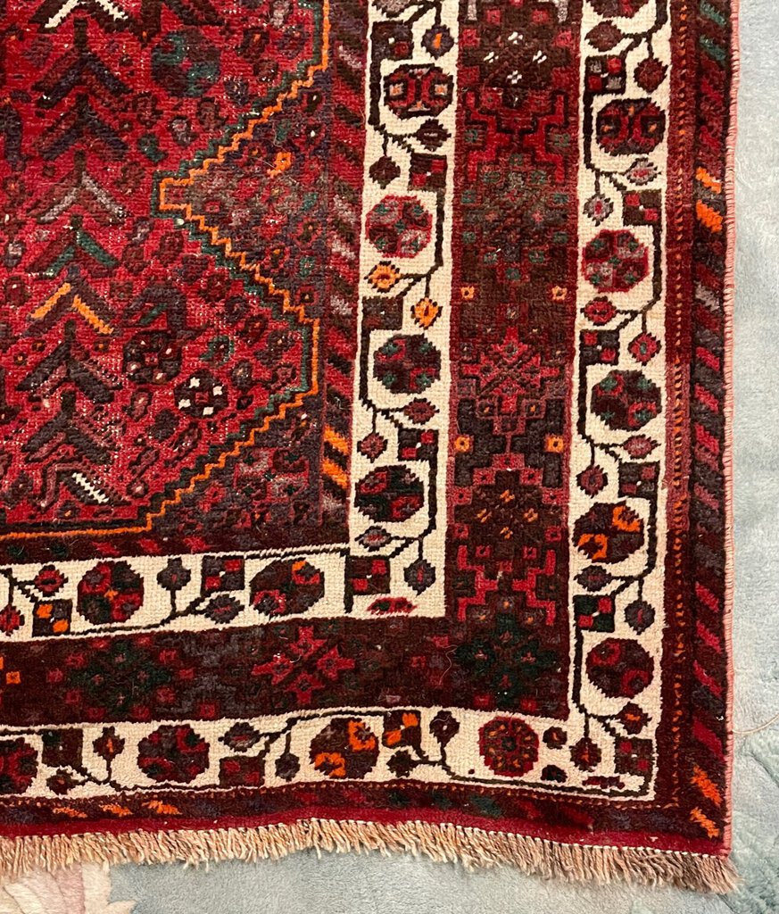 Persian Red Shiraz Rug with Orange and White Accents - Wool on Wool & Cotton Foundation