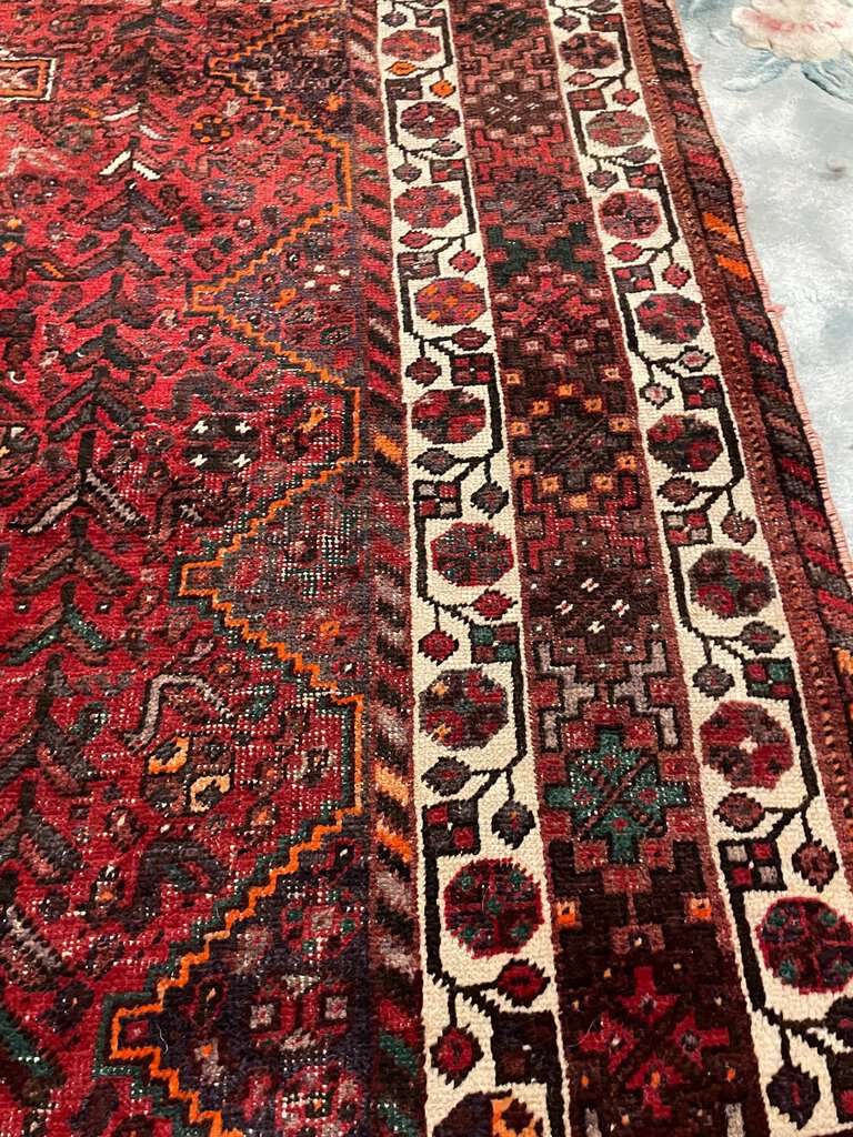 Persian Red Shiraz Rug with Orange and White Accents - Wool on Wool & Cotton Foundation