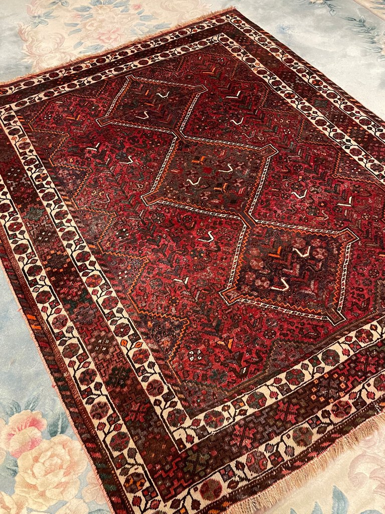 Persian Red Shiraz Rug with Orange and White Accents - Wool on Wool & Cotton Foundation