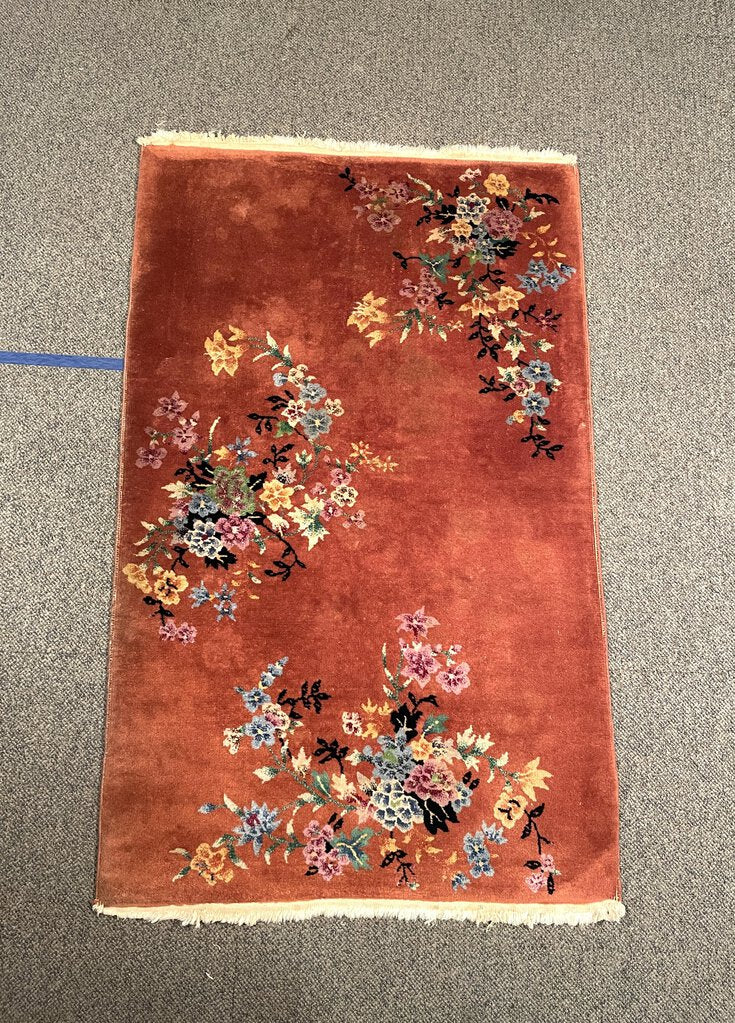 Chinese Orange Tientsin Rug with Blue and Gold Accents - Wool on Cotton Foundation.