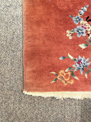 Chinese Orange Tientsin Rug with Blue and Gold Accents - Wool on Cotton Foundation.