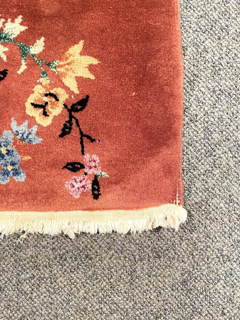 Chinese Orange Tientsin Rug with Blue and Gold Accents - Wool on Cotton Foundation.