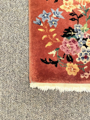 Chinese Orange Tientsin Rug with Blue and Gold Accents - Wool on Cotton Foundation.