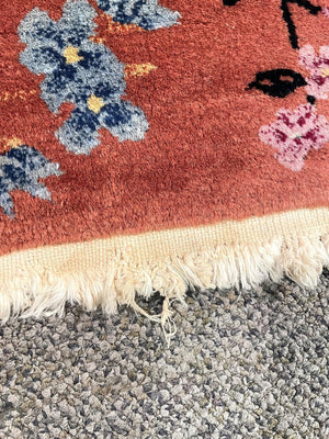 Chinese Orange Tientsin Rug with Blue and Gold Accents - Wool on Cotton Foundation.