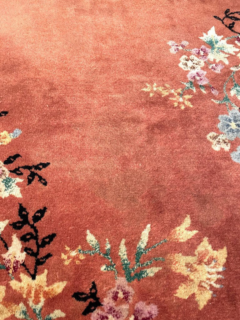 Chinese Orange Tientsin Rug with Blue and Gold Accents - Wool on Cotton Foundation.