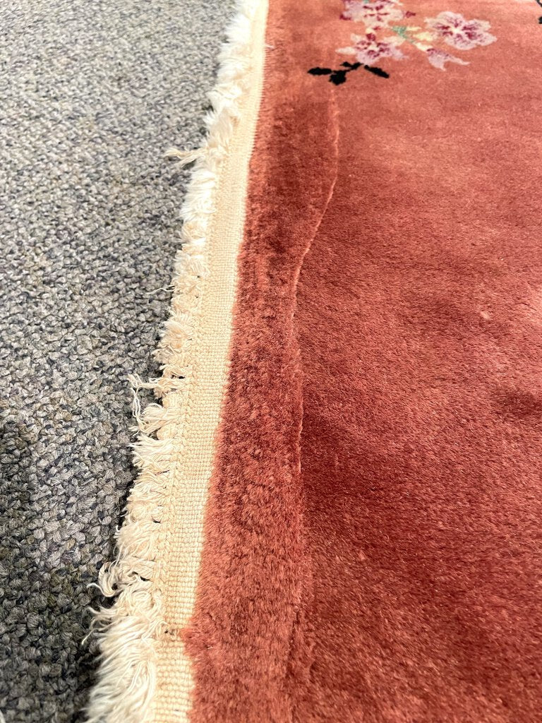 Chinese Orange Tientsin Rug with Blue and Gold Accents - Wool on Cotton Foundation.