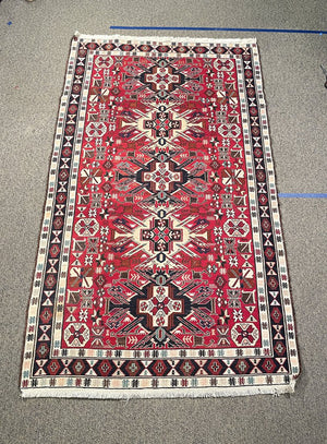 Azerbaijani Red and Cream Soumac (North Persia/Southern Caucasus) Rug with Blue, Black and Orange Accents - Wool on Cotton Foundation