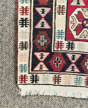 Azerbaijani Red and Cream Soumac (North Persia/Southern Caucasus) Rug with Blue, Black and Orange Accents - Wool on Cotton Foundation