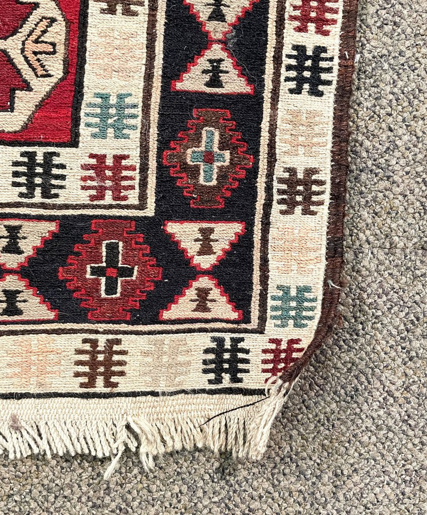 Azerbaijani Red and Cream Soumac (North Persia/Southern Caucasus) Rug with Blue, Black and Orange Accents - Wool on Cotton Foundation