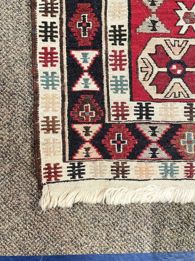 Azerbaijani Red and Cream Soumac (North Persia/Southern Caucasus) Rug with Blue, Black and Orange Accents - Wool on Cotton Foundation