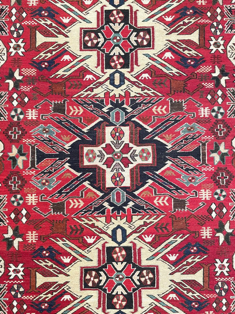 Azerbaijani Red and Cream Soumac (North Persia/Southern Caucasus) Rug with Blue, Black and Orange Accents - Wool on Cotton Foundation