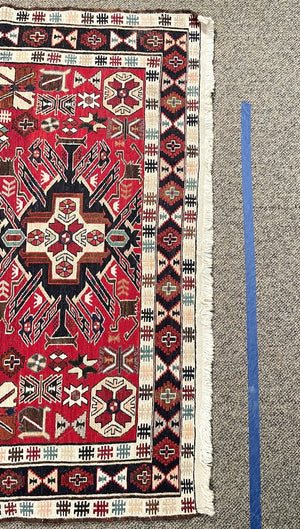 Azerbaijani Red and Cream Soumac (North Persia/Southern Caucasus) Rug with Blue, Black and Orange Accents - Wool on Cotton Foundation