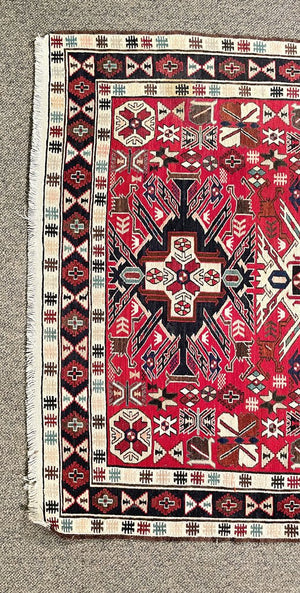 Azerbaijani Red and Cream Soumac (North Persia/Southern Caucasus) Rug with Blue, Black and Orange Accents - Wool on Cotton Foundation