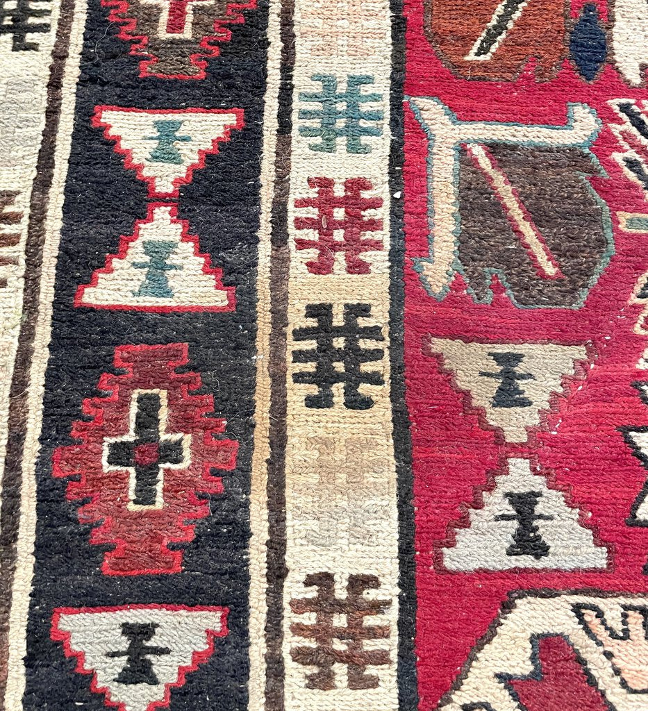 Azerbaijani Red and Cream Soumac (North Persia/Southern Caucasus) Rug with Blue, Black and Orange Accents - Wool on Cotton Foundation