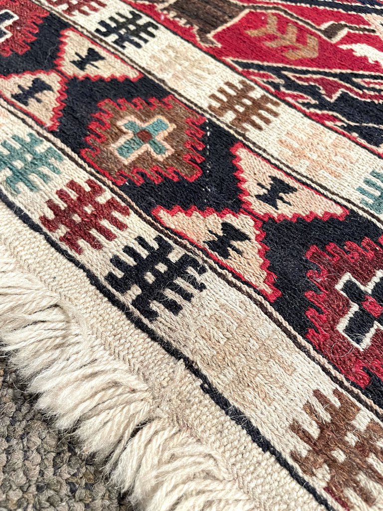 Azerbaijani Red and Cream Soumac (North Persia/Southern Caucasus) Rug with Blue, Black and Orange Accents - Wool on Cotton Foundation