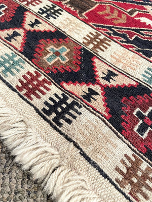 Azerbaijani Red and Cream Soumac (North Persia/Southern Caucasus) Rug with Blue, Black and Orange Accents - Wool on Cotton Foundation