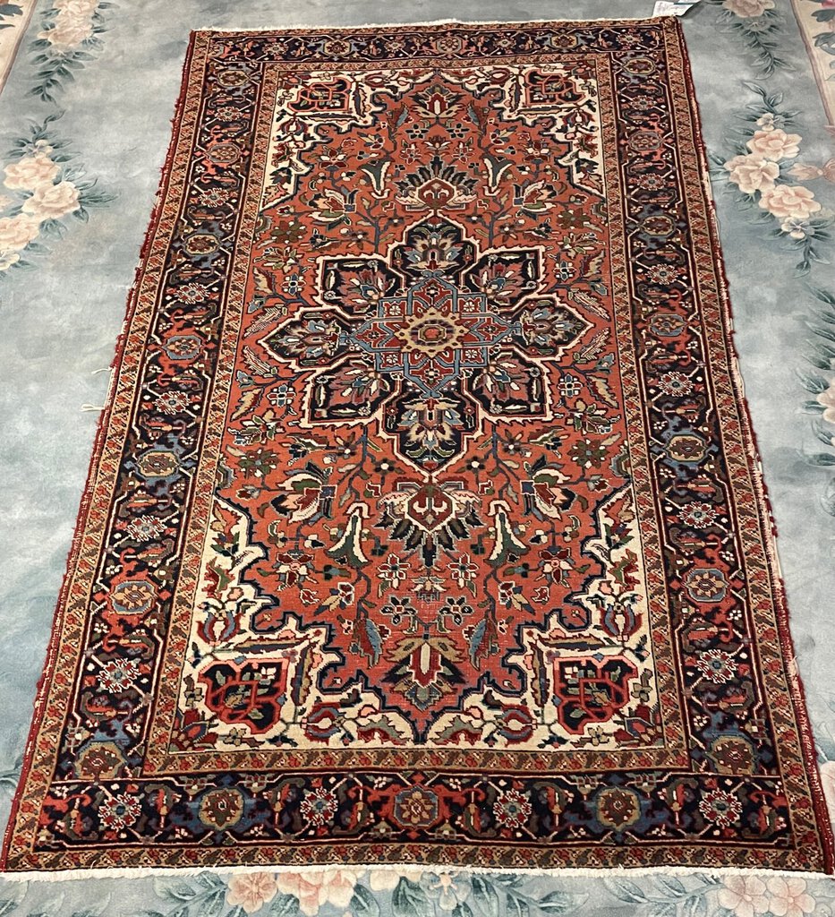 Persian Brown, Blue and Rose Heriz Rug with Green, Cream and Olive Accents - Wool on Cotton Foundation