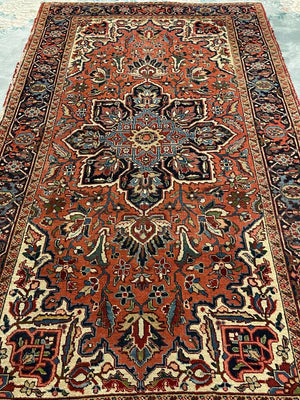 Persian Brown, Blue and Rose Heriz Rug with Green, Cream and Olive Accents - Wool on Cotton Foundation