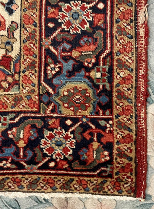 Persian Brown, Blue and Rose Heriz Rug with Green, Cream and Olive Accents - Wool on Cotton Foundation