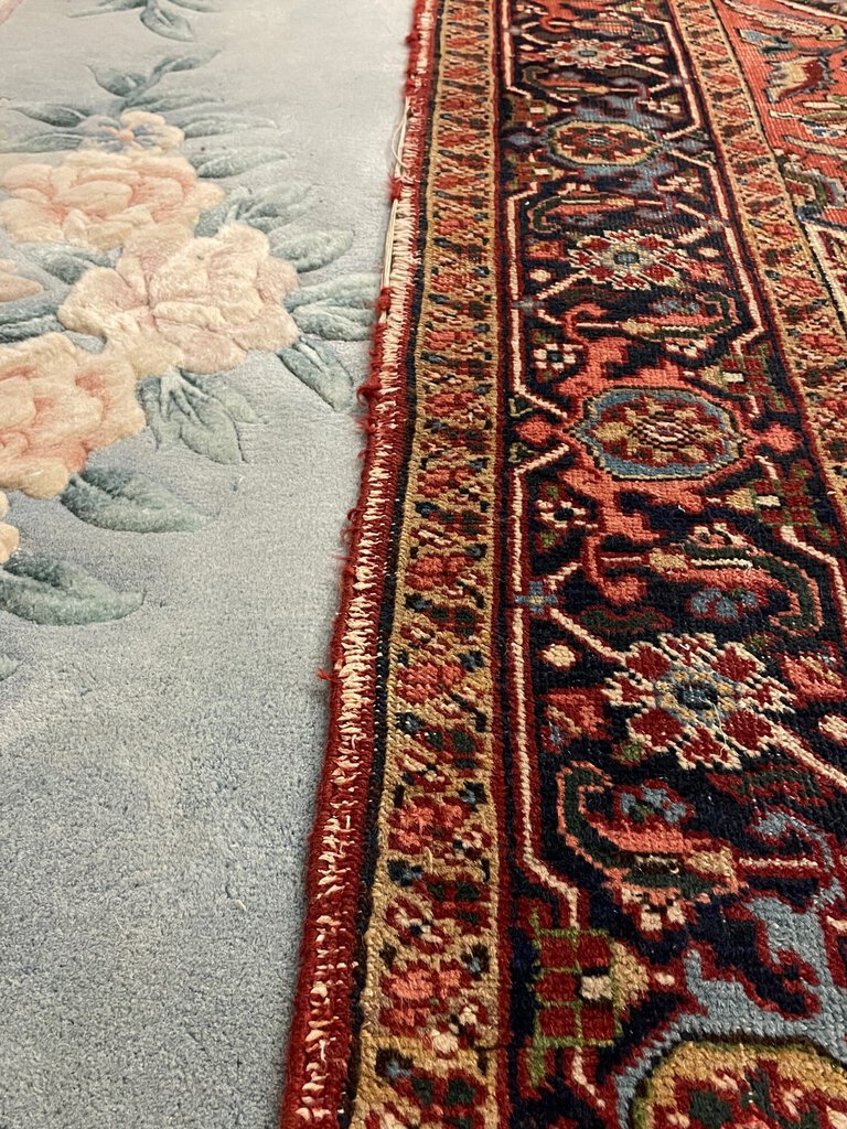 Persian Brown, Blue and Rose Heriz Rug with Green, Cream and Olive Accents - Wool on Cotton Foundation