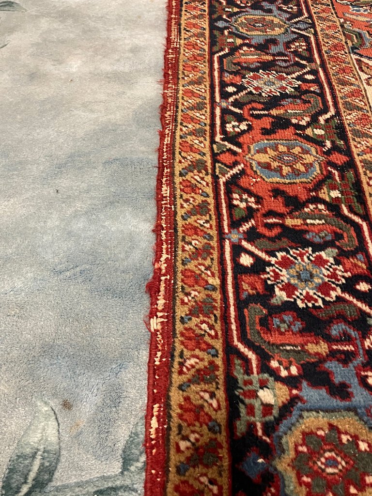 Persian Brown, Blue and Rose Heriz Rug with Green, Cream and Olive Accents - Wool on Cotton Foundation