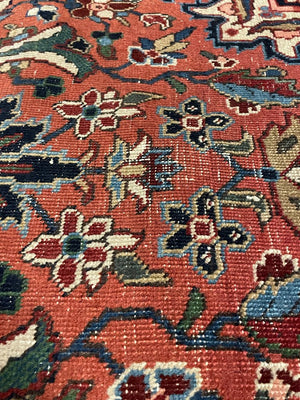 Persian Brown, Blue and Rose Heriz Rug with Green, Cream and Olive Accents - Wool on Cotton Foundation