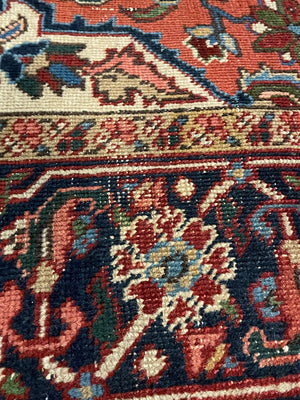 Persian Brown, Blue and Rose Heriz Rug with Green, Cream and Olive Accents - Wool on Cotton Foundation