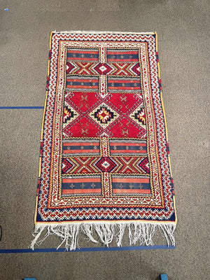 Red and Navy Blue Moroccan Rug with Yellow and White Accents - Wool on Cotton Foundation