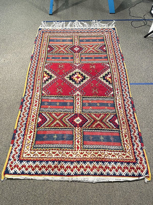 Red and Navy Blue Moroccan Rug with Yellow and White Accents - Wool on Cotton Foundation