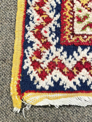 Red and Navy Blue Moroccan Rug with Yellow and White Accents - Wool on Cotton Foundation